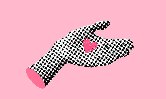 Heart in hand. Retro halftone hand with a drawing of a heart. World heart day. Modern collage. Healthcare medical concept. Healthy lifestyle. Concept of hope and goodness. Valentines day banner