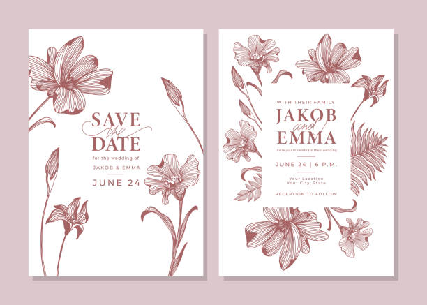 Set of wedding invitation cards with tulips Set of wedding invitation cards. White and brown templates with linear flowers and leaves. Save the date. Layout design with botanical elements and handwritten typography. Line art save the date font stock illustrations