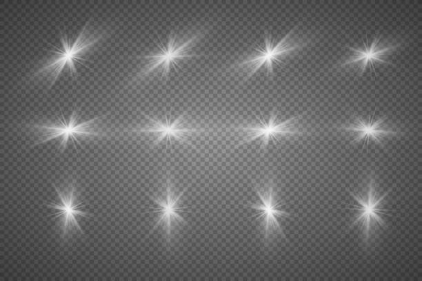 White sparkling stars, twinkling and flashing lights. White sparkling stars, twinkling and flashing lights. Collection of various lighting effects. On a transparent background. spark singer stock illustrations