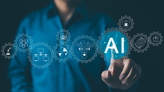 AI, Artificial Intelligence technology. Businessman touches an interface with artificial intelligence and technology symbols, illustrating AI concepts in business. intelligent tech, Chatbot, Chat AI,