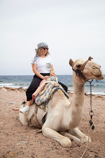Female tourist riding camel