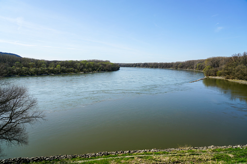 The mouth of the Morava river in the Danube near the Devin castle, confluence of two rivers, springtime, Bratislava, Slovakia, Central Europe