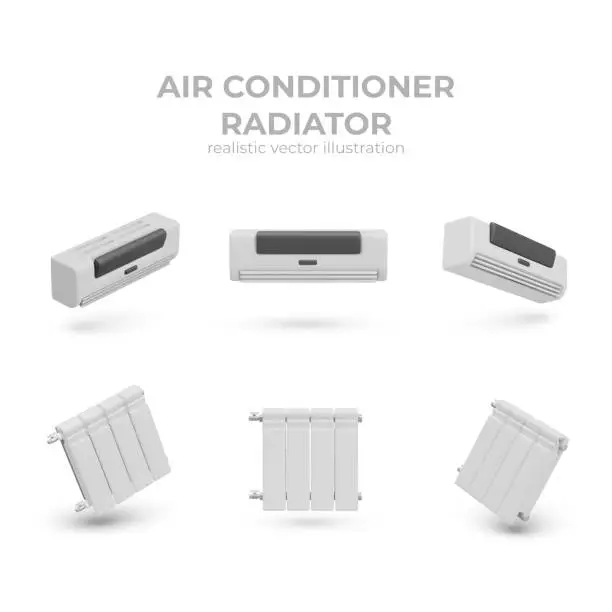 Vector illustration of Poster with realistic air conditioner, radiator. Climate devices for home concept