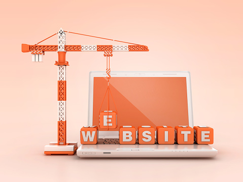 WEBSITE Blocks with Tower Crane on Computer Laptop - Color Background - 3D Rendering