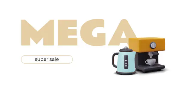 Vector illustration of Mega sale of kitchen appliances. Advertising concept with 3D electric kettle, coffee machine