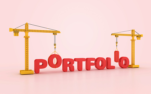 PORTFOLIO Word with Tower Crane - Color Background - 3D Rendering