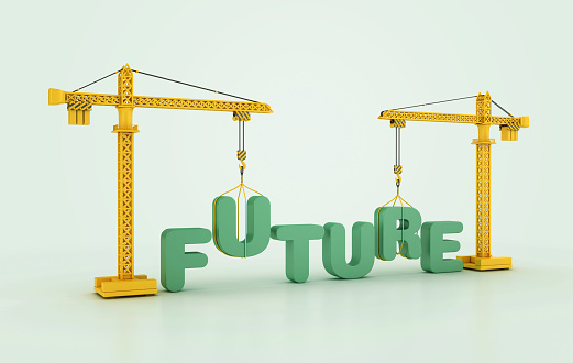 FUTURE Word with Tower Crane - Color Background - 3D Rendering