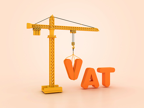 VAT Word with Tower Crane - Color Background - 3D Rendering