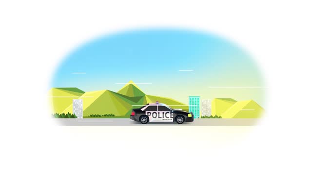 A police car. Animation. An emergency call. Day. The hills.