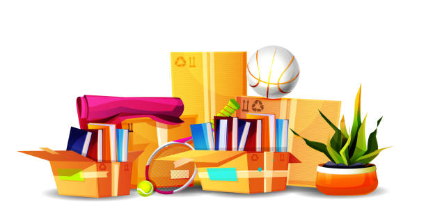 istock Fast moving concept in cartoon style. Cardboard boxes with personal items, ready to move, isolated on white background. Stylish creative set of household items. 2115479814