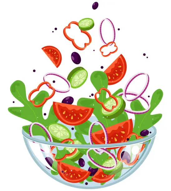 Vector illustration of Set of various chopped fresh vegetables fall into a transparent glass bowl on a transparent background
