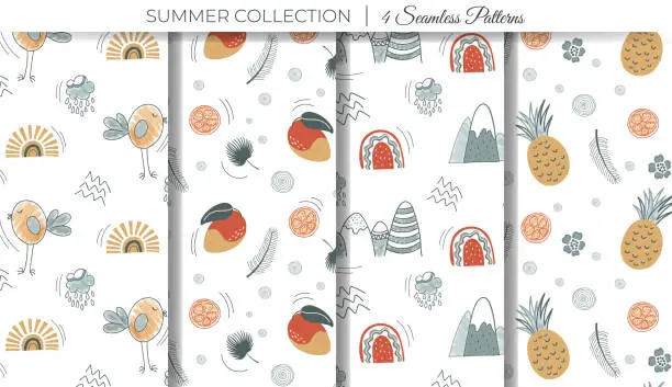 Vector illustration of Cute simple summertime patterns. Set of childish doodle backgrounds with rainbow, sun, bird and mango.