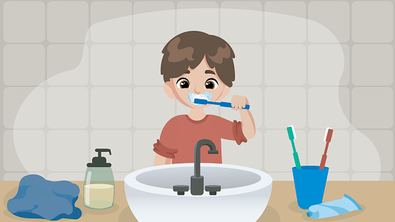 Vector illustration of a young child brushing teeth with joy. Oral, dental hygiene concepts.