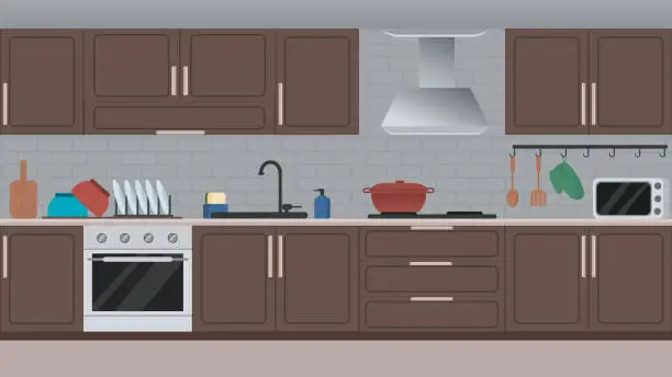 Vector illustration of Vector illustration of modern kitchen interior design with various utensils and appliances like wooden cabinets, drawers, microwave oven and cooking tools.