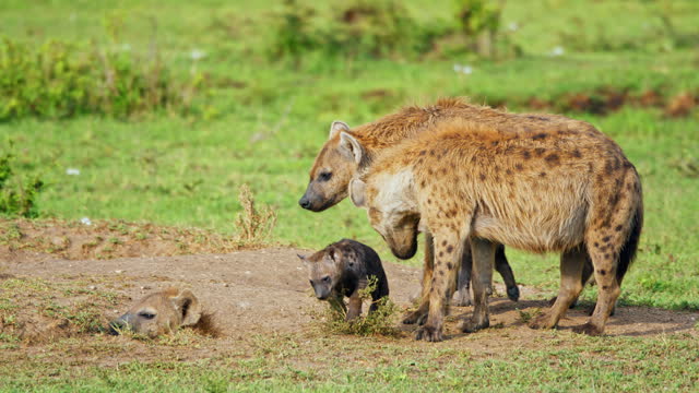 SLO MO Hyenas with Their Cubs Playing on Grassy Plains in Masai Mara Reserve