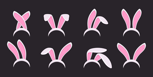 Easter bunny ears. Rabbit ears mask, traditional spring holidays bunnies ears band flat vector illustration set. Easter bunny ears costume elements