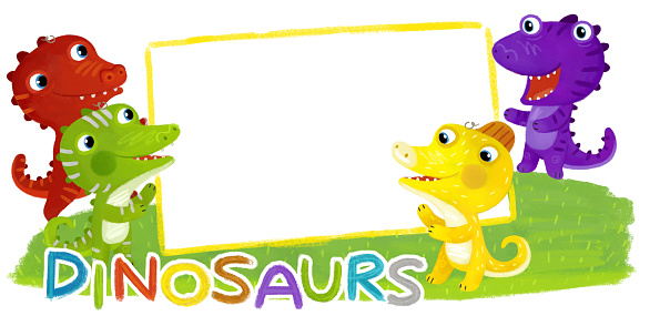 cartoon scene with dino dinosaurs or dragons friends playing having fun childhood on white background with space for text illustration for kids