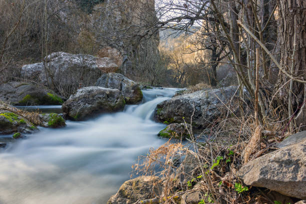 istock beautiful wild water stream flowing through the rocks 2115560722