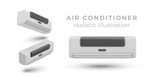 Vector illustration of Wall air conditioner, front, top, bottom view. Vector 3D objects with shadows