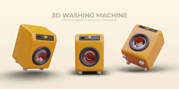 Vector illustration of Yellow washing machine, static and dynamic position. Realistic illustrations with shadows