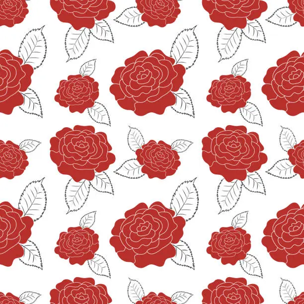 Vector illustration of Seamless pattern with red rose flowers on a white background. Vector illustration. Great for wallpaper, wrapping paper, fabric, banners, etc.