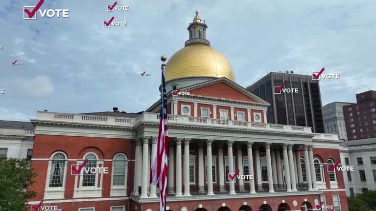 Boston State House with vote check mark box animation. Massachusetts and United States voting thee. Aerial with motion graphics.