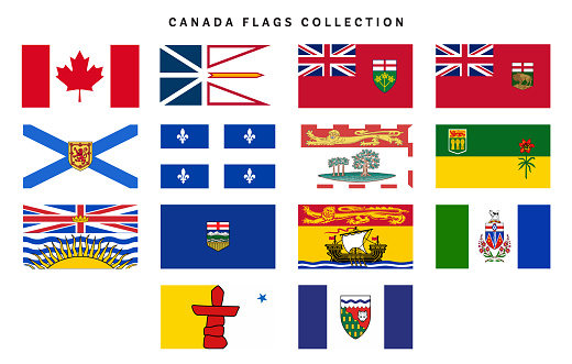 Vector illustration of a Canada and Provincial Flags set on white background. Fully editable. Includes vector eps and high resolution jpg.
Includes Canada maple leaf flag, Newfoundland and Labrador, Ontario, Manitoba, Nova Scotia, Quebec, Prince Edward Island, Saskatchewan, British Columbia, Alberta, New Brunswick, NW Territories, Nunavut and Yukon.