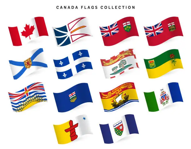 Vector illustration of Canada and Provincial Flags and Territory flags waving set on white background