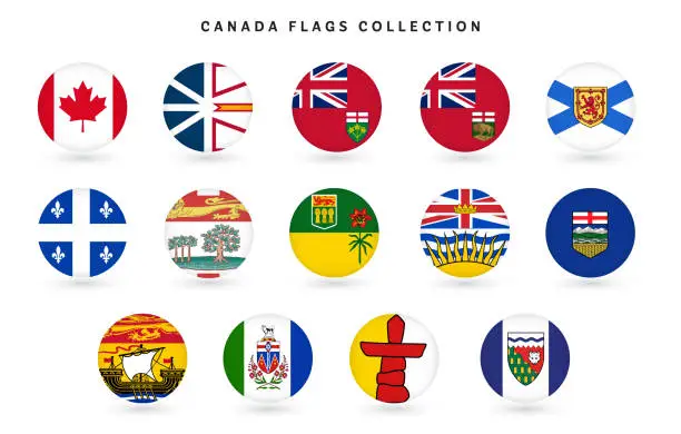 Vector illustration of Canada and Provincial Flags and Territory flags round set on white background