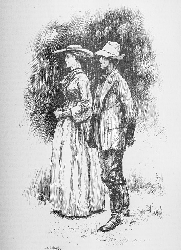 Illustration from Harper's Magazine Volume LXXIV -December 1886-May 1887 :-    A young man and woman take a stroll  outside on a pleasant evening.
