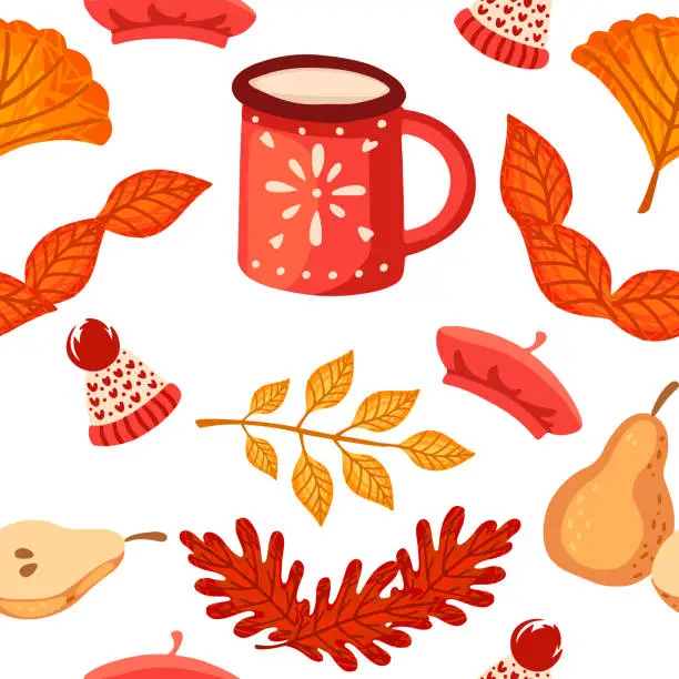 Vector illustration of Autumn theme seamless pattern with red mug hat and leaves vector illustration