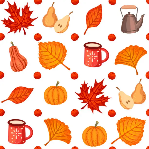 Vector illustration of Autumn theme seamless pattern with red mug and leaves vector illustration