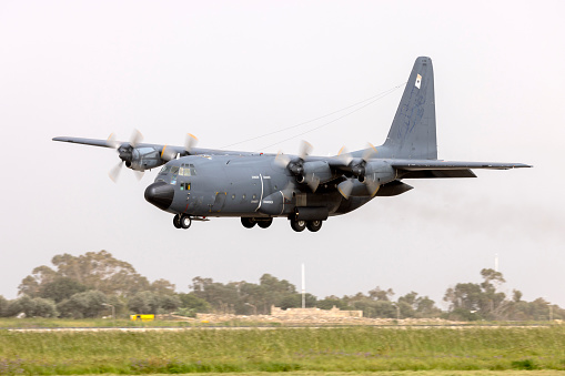 Fairford, UK - 14th July 2022: A Lockheed C-130 Hercules transport aircraft landing at airfield