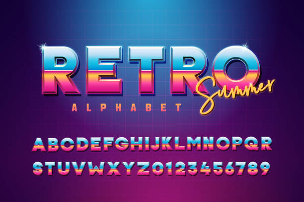Retro summer font effect alphabet. Vibrant glow retro futurist typeface with 80s design. Metallic trendy colorful style Vector eps10 arcade stock illustrations