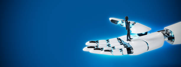 istock Robot hand holding human figure on blue background with copy space. Ai domination over people. 2115668190