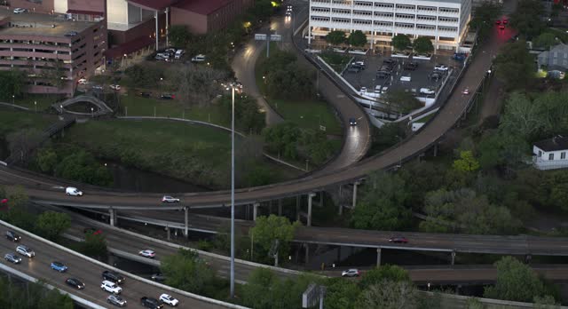 Drone view of cars on I-45 freeway in downtown Houston, Texas