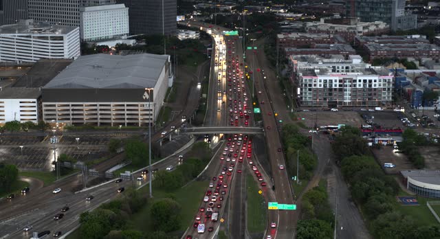 Birds eye view of cars on I-45 freeway in Houston, Texas