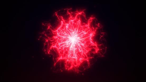 Abstract background glowing flow of red energy from particles and waves. Fantastic shining star, dynamic sphere, a bright source of energy emits light and heat in empty space.