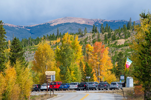 Dillon, USA - September 27, 2022. Parking lot at Peak One/Pine Cove campgrounds, Dillon, Colorado, USA