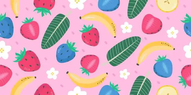 Vector illustration of Seamless background pattern with strawberries and bananas. Tropical fruits cut in half. Trendy colorful vector illustration.