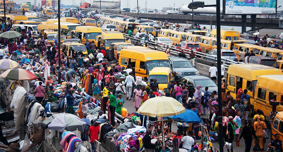 Traffic in African megacity.
Lagos, Nigeria, West Africa