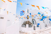 Colorful street view of Mykonos Island, Cyclades, Greece