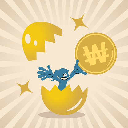 Blue Cartoon Characters Design Vector Art Illustration.
A woman with a big golden money coin is born from a cracked golden egg.