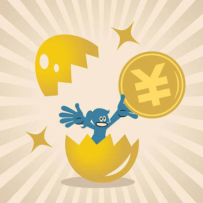 Blue Cartoon Characters Design Vector Art Illustration.
A woman with a big golden money coin is born from a cracked golden egg.