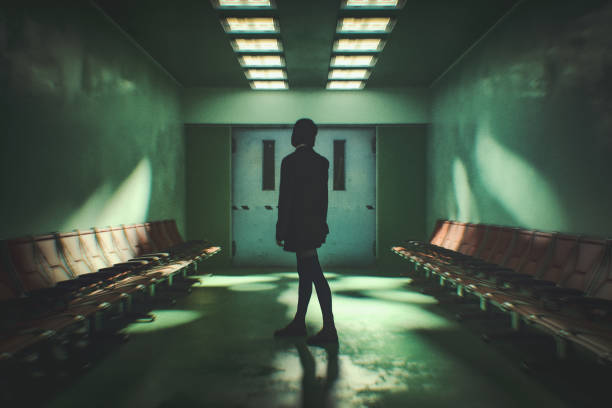Spooky retro waiting room with woman looking. 3D generated image.