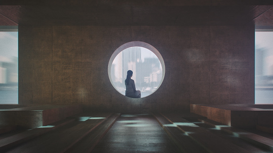 Young woman sitting looking into distance in concrete brutalist building. 3D generated image.