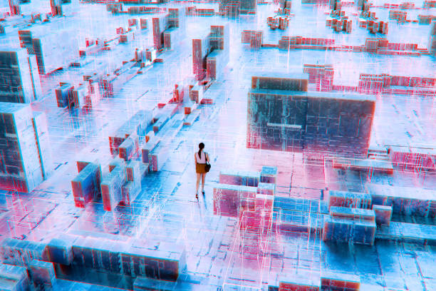 istock Casual woman walking in VR environment 2115829464
