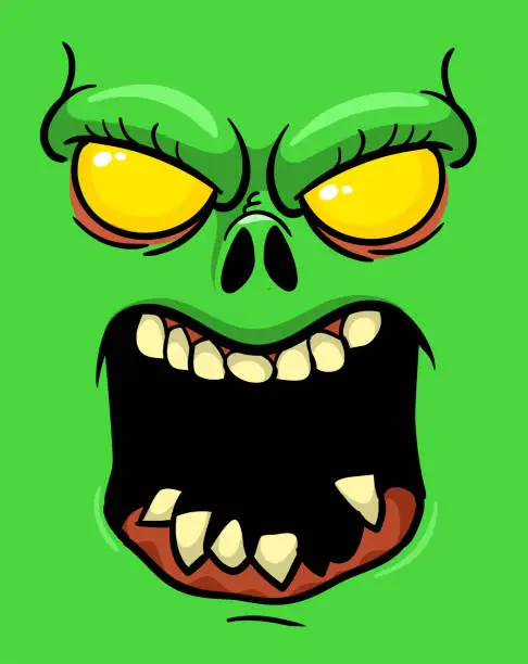 Vector illustration of Cartoon funny green zombie with pink brains outside of the head. Halloween vector illustration isolated