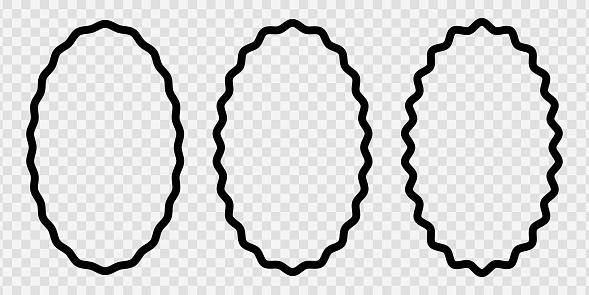 Set of oval photo or picture frames with wiggly borders. Vignette shapes with squiggly, wavy, undulated, serrated borders isolated on white background. Vector graphic illustration.