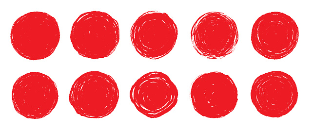 Brush red stroke circle japan sun frame. Hand drawn rough scribble texture effect red circle. Grunge crayon japanese flag stamp. Pencil, marker stroke paint. Vector illustration